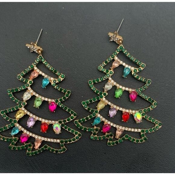 Colorful Rhinestone Large Gold Tone Christmas Tree Dangle Earrings - Picture 2 of 4
